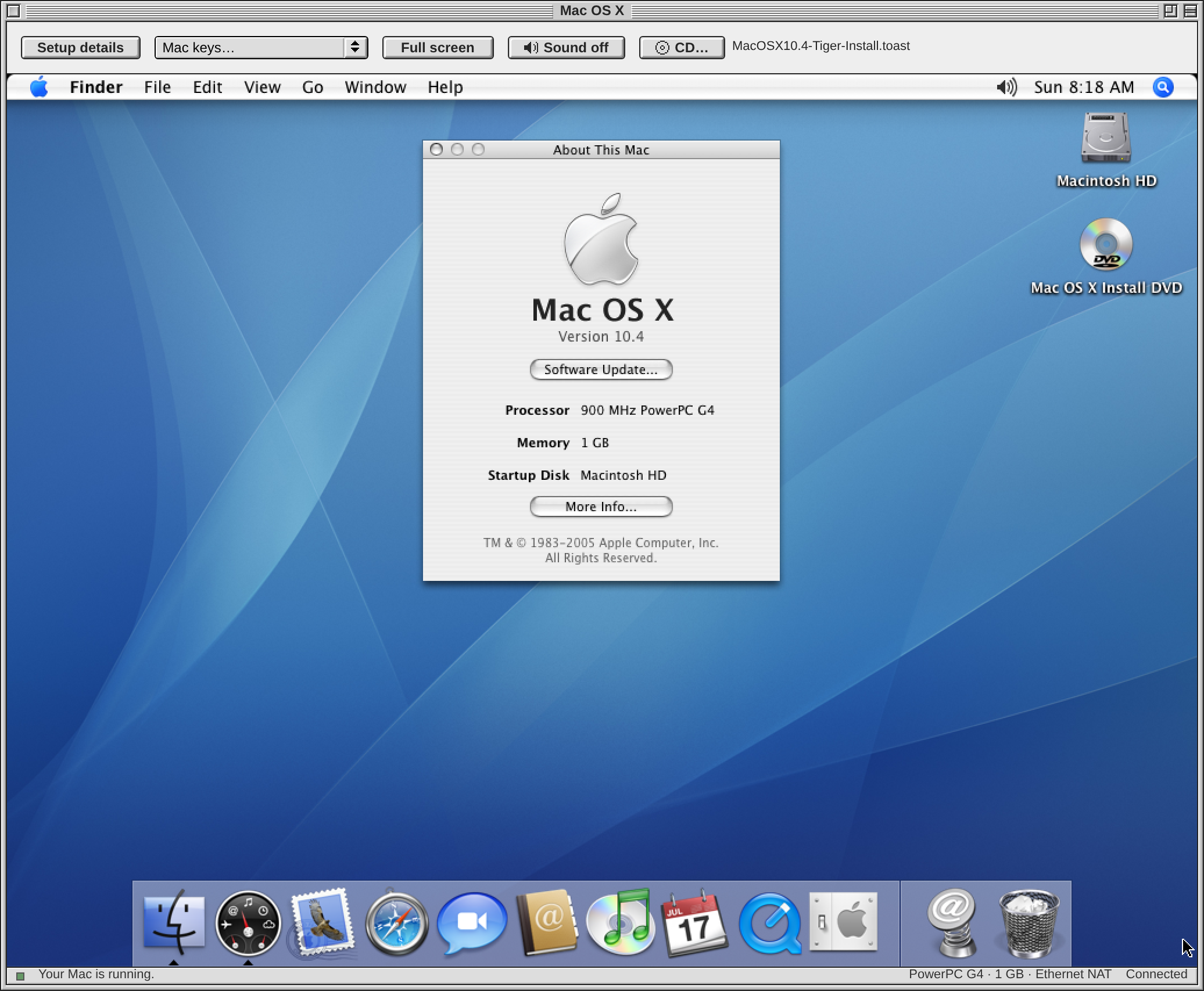 The Mac OS X window: Tiger's desktop with About This Mac open and the install DVD mounted, and the app's own buttons above it