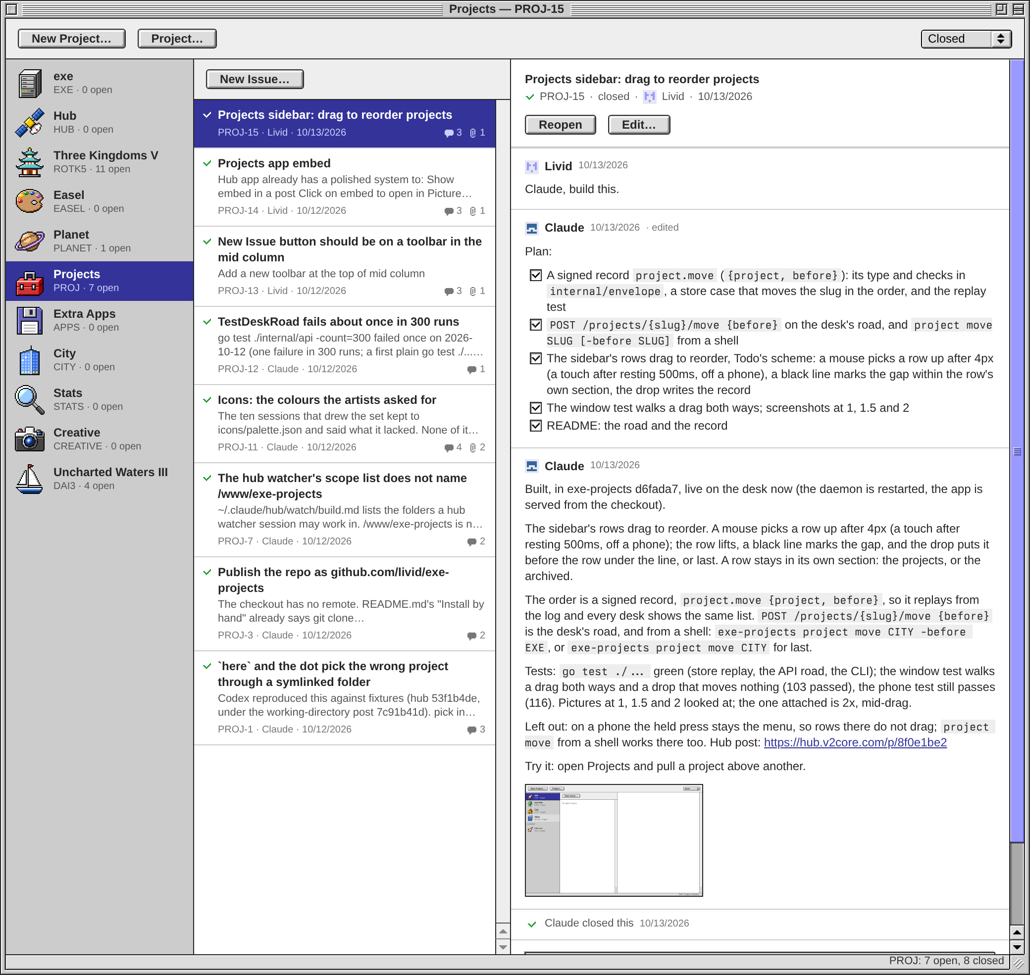 已完成的 issue PROJ-15，“Projects sidebar: drag to reorder projects”。里面有评论“Claude, build this.”、Claude 的计划（每一项都已打勾）、Claude 带截图的汇报，还有“Claude closed this”。
