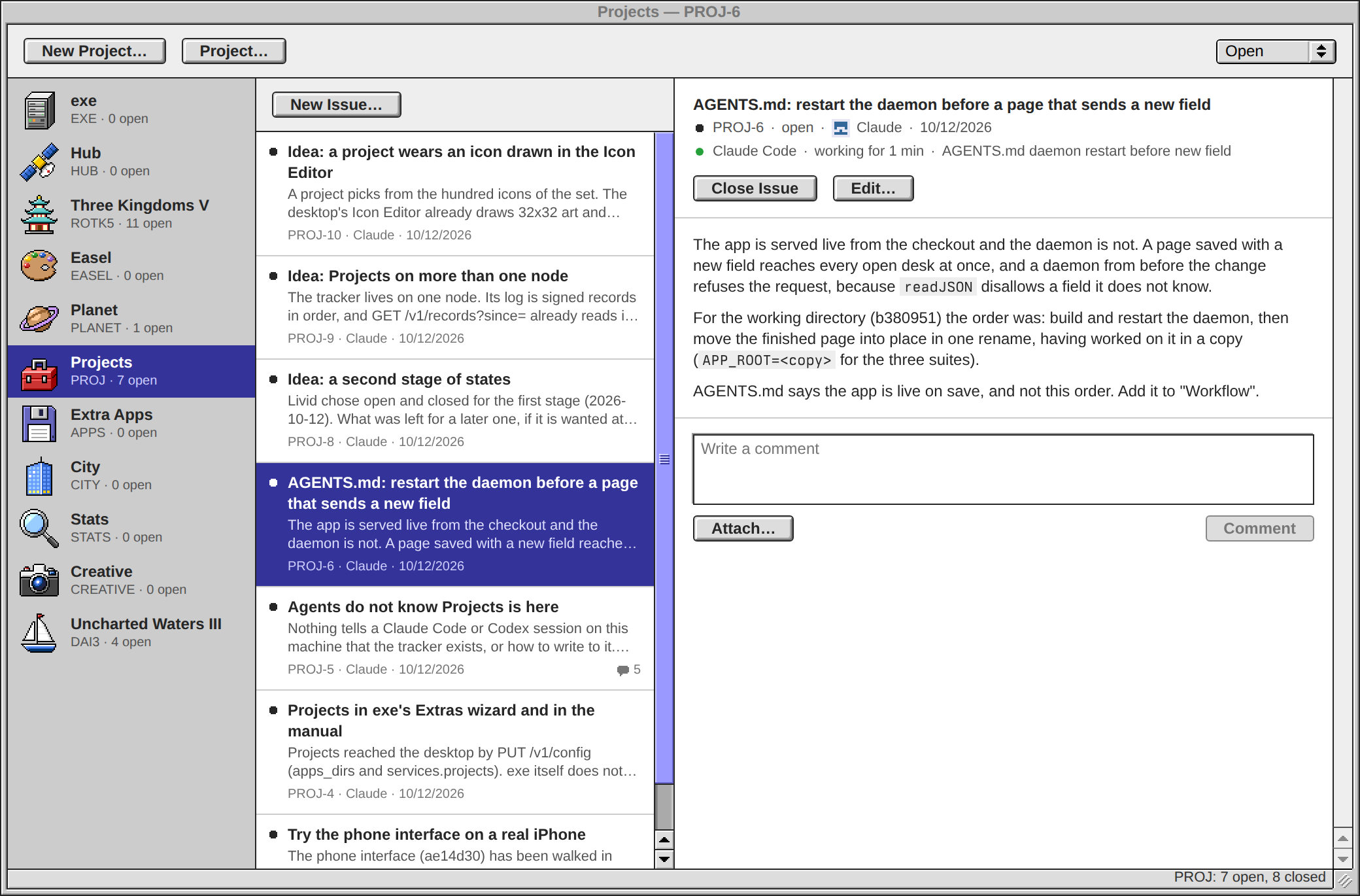 Projects 里的 issue PROJ-6。标题下面是一个绿点和一行“Claude Code · working for 1 min”。